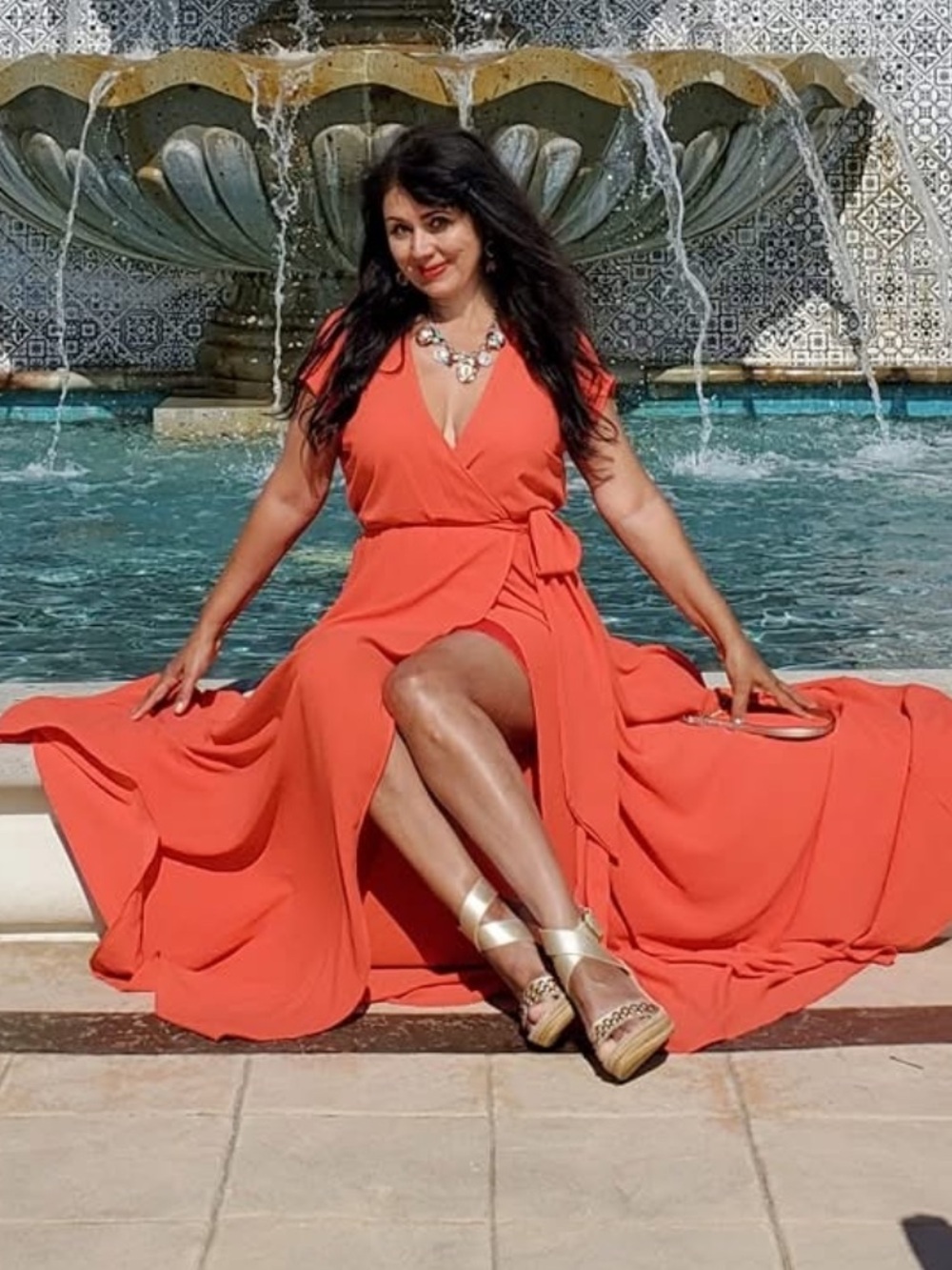 Meghan LA Coral Wrap Maxi Dress with Side Slit